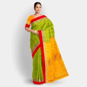 Parrot Green  With Yellow Pallu Zari Work Silk Swarnachari Saree