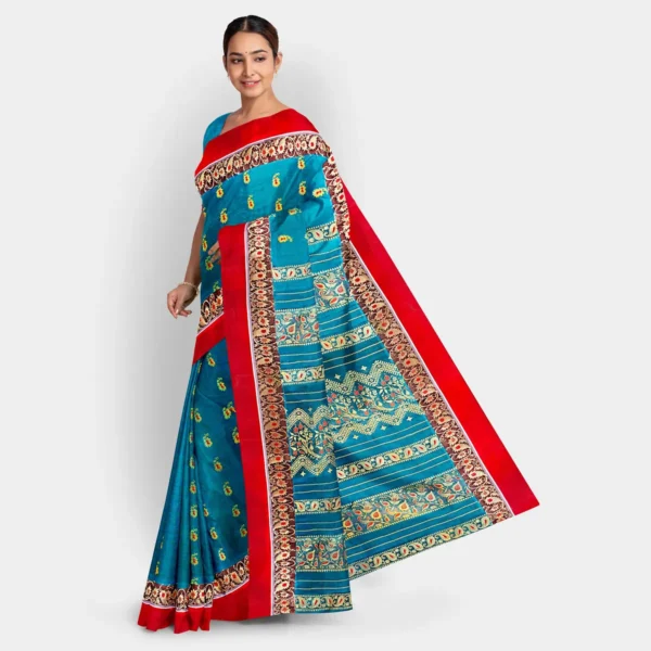 Greenish Blue Floral Zari Work Silk Swarnachari Saree - Image 3