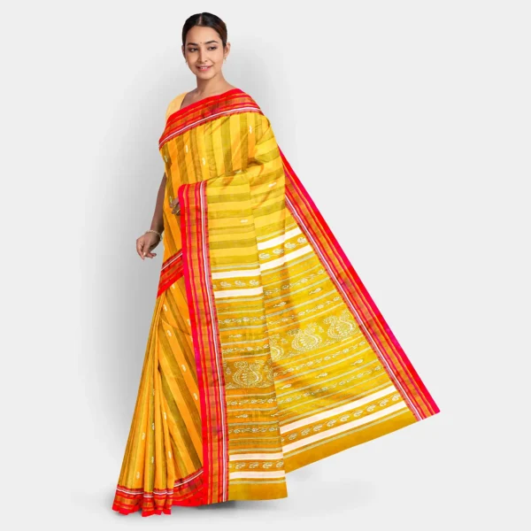 Deep Yellow With Stripe And White Kalka Work Silk Baluchari Saree - Image 3
