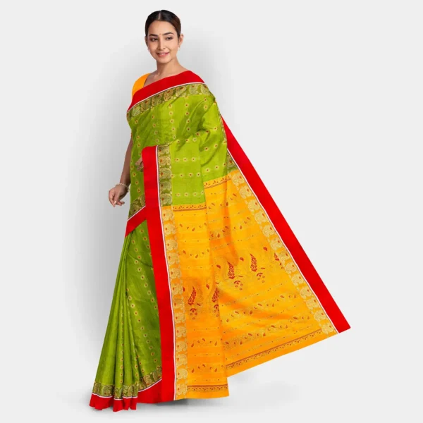 Parrot Green  With Yellow Pallu Zari Work Silk Swarnachari Saree - Image 3