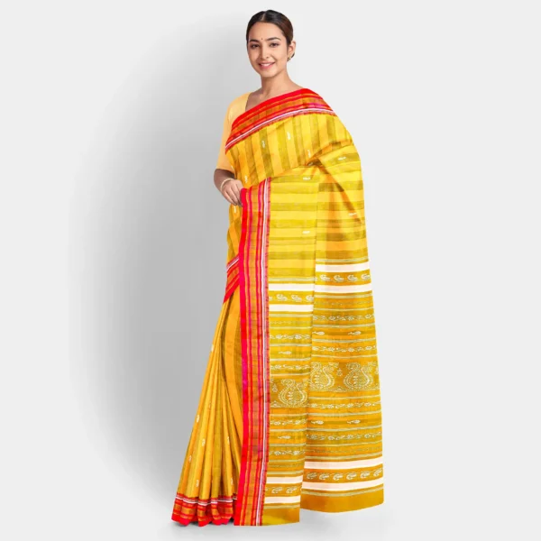 Deep Yellow With Stripe And White Kalka Work Silk Baluchari Saree - Image 2