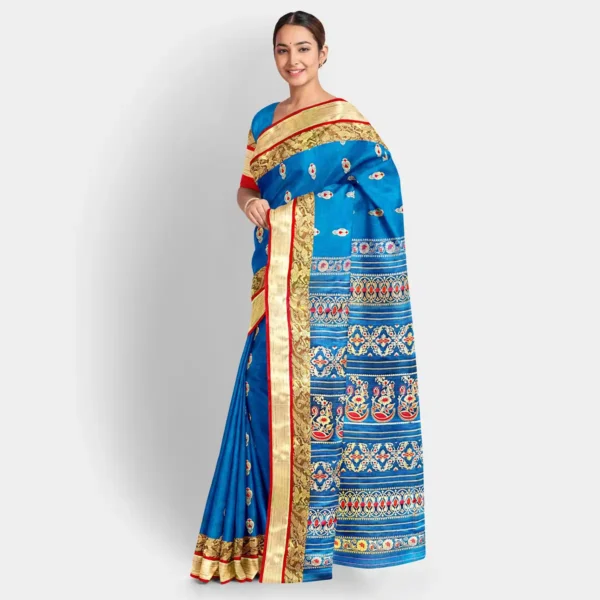 Azure Blue Silk Zari Work Swarnachari Saree - Image 2