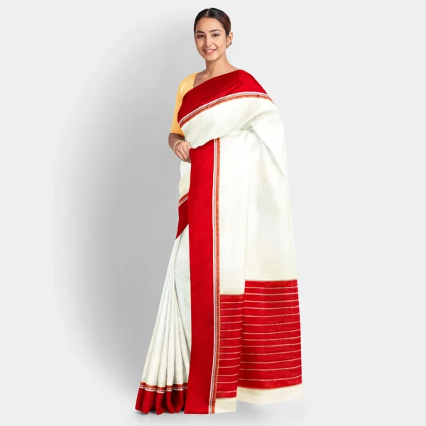 Cream Body With Red Border Traditional Garad Saree - Image 2