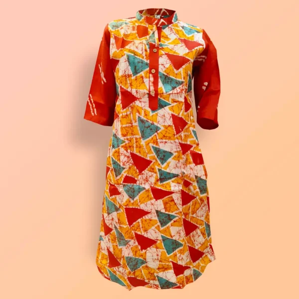 Fire Red Geometrical Silk Batik Work Women's Kurta