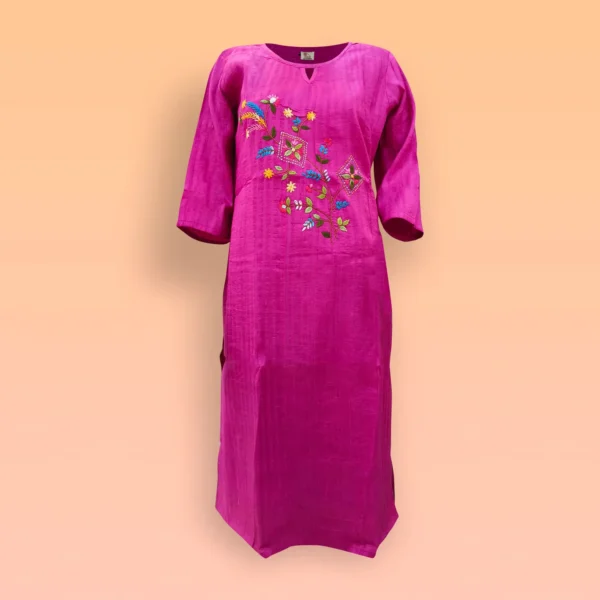 Deep Pink Floral Kantha Work Raw Silk Women's Kurta