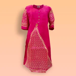 Solid Deep Pink with Cream Block Print Silk Women’s Kurta