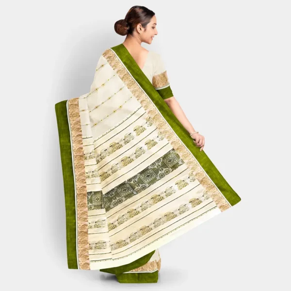 Cream Base With Silver Zari & Resham Work Swarnachari Saree - Image 4
