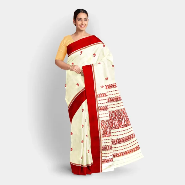 Cream Base Red Border & Kalka Work Garad Saree