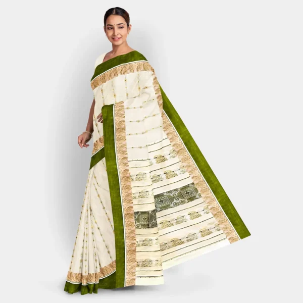 Cream Base With Silver Zari & Resham Work Swarnachari Saree - Image 3