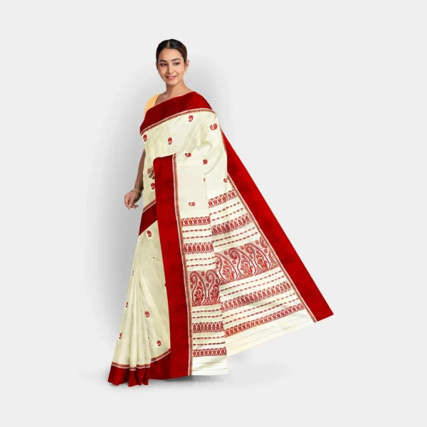 Cream Base Red Border & Kalka Work Garad Saree - Image 3