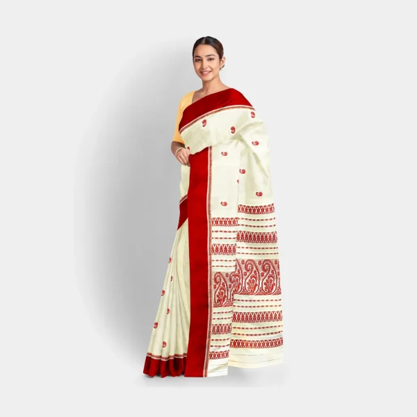 Cream Base Red Border & Kalka Work Garad Saree - Image 2
