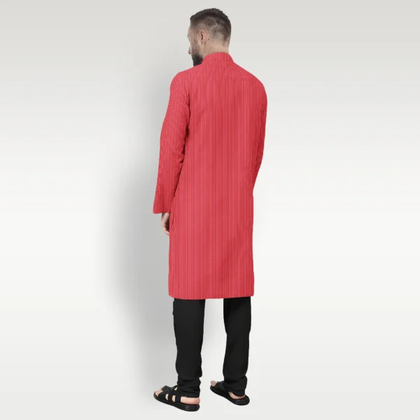 Red With Yellow & White Striped Cotton Kurta - Image 3