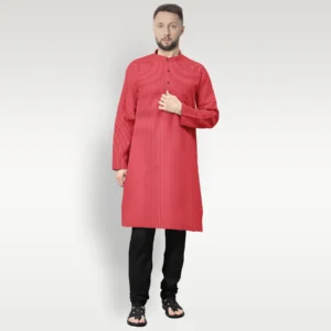 Red With Yellow & White Striped Cotton Kurta