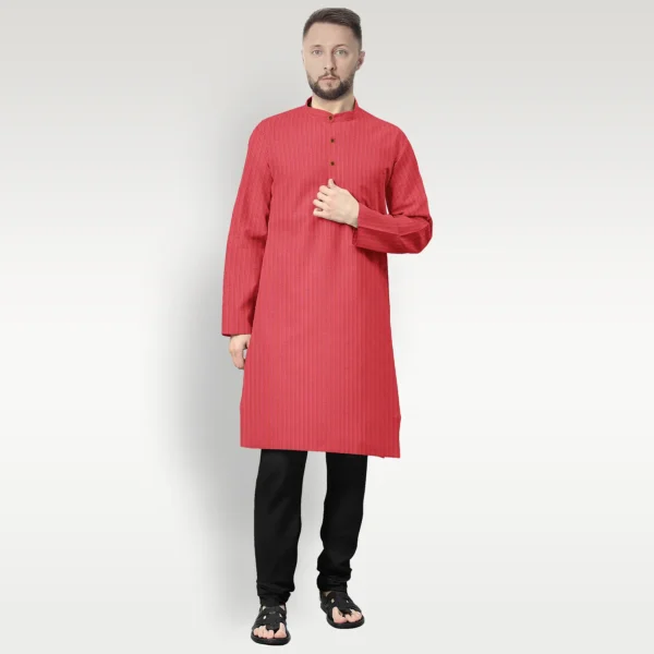 Red With Yellow & White Striped Cotton Kurta