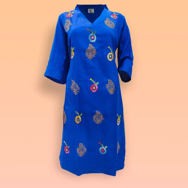 Blue Raw Silk Kantha Work Kurta