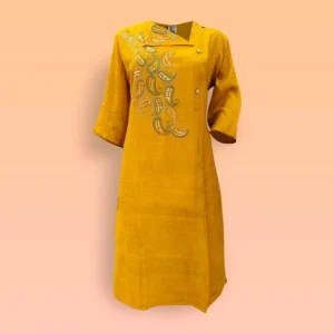 Yellow Raw Silk Kantha Work Women's Kurta