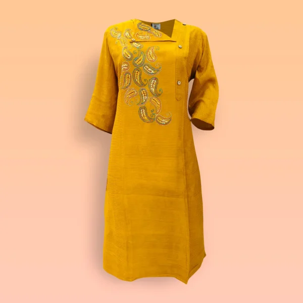 Yellow Raw Silk Kantha Work Women's Kurta