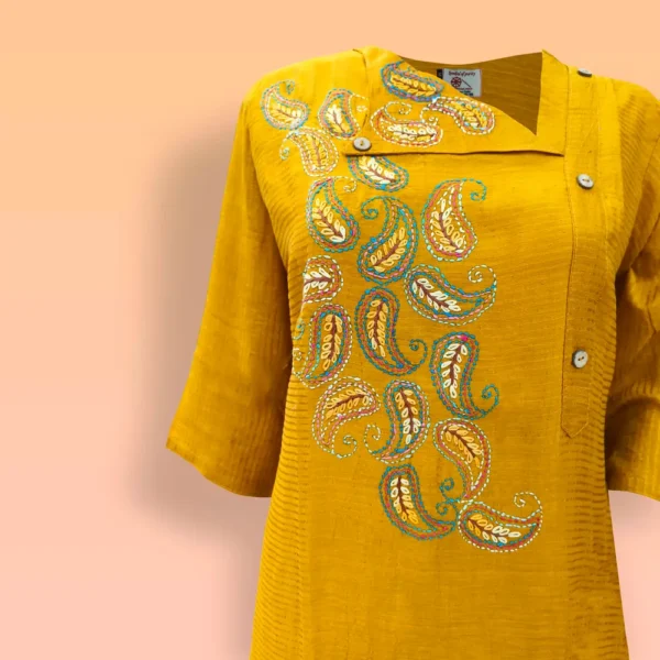 Yellow Raw Silk Kantha Work Women's Kurta - Image 2
