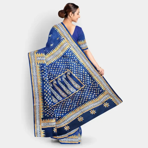 Solid Blue Gachi Tussar Kantha Work Saree - Image 4