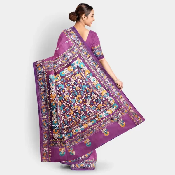 Purple & Blue Shade Silk Kantha Work Saree - Image 4