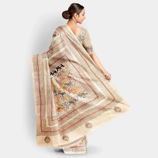 Natural Colour Gachi Tussar Kantha Work Saree - Image 4
