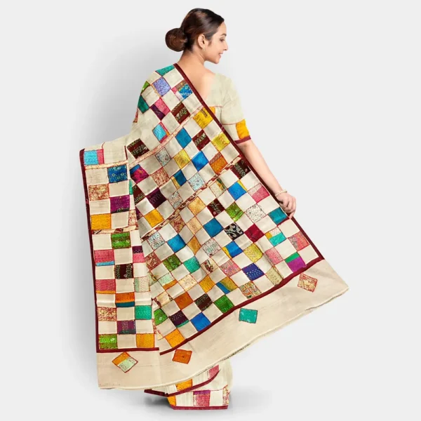 Natural Colour Gachi Tussar Patch Kantha Work Saree - Image 4