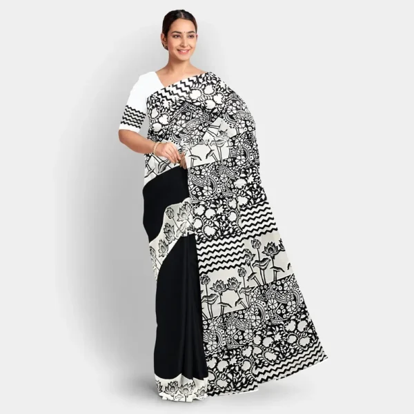 Black & White Floral Block Print Silk Saree