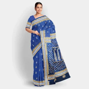 Solid Blue Gachi Tussar Kantha Work Saree