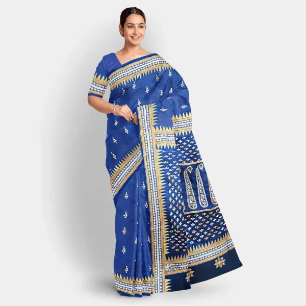 Solid Blue Gachi Tussar Kantha Work Saree