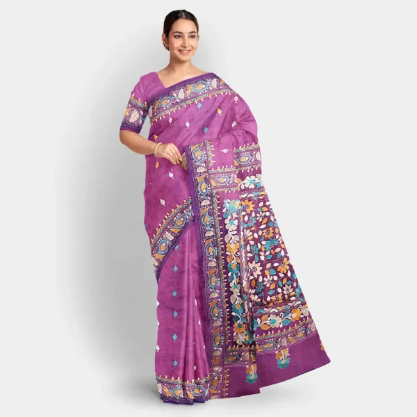 Purple & Blue Shade Silk Kantha Work Saree