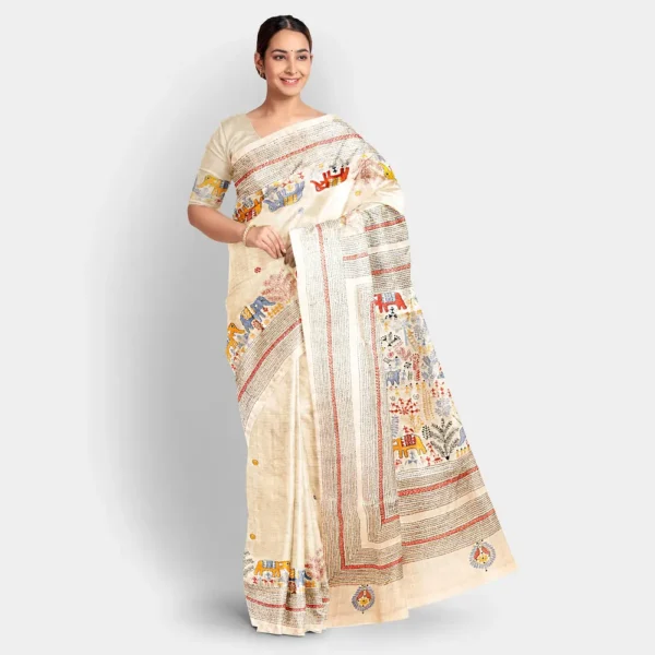 Natural Colour Gachi Tussar Kantha Work Saree