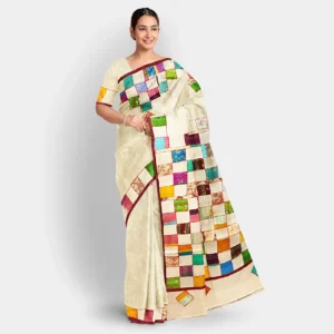 Natural Colour Gachi Tussar Patch Kantha Work Saree