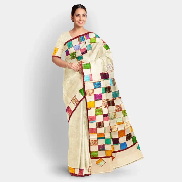 Natural Colour Gachi Tussar Patch Kantha Work Saree