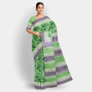 Green Printed Leaf Motif Gachi Tussar Saree