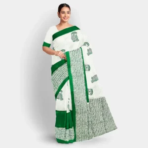 White With Green Figure & Scripted Motif Silk Printed Saree