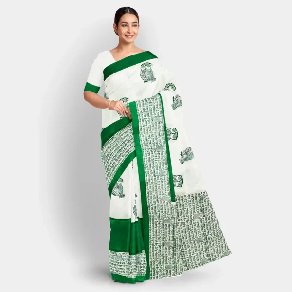 White With Green Figure & Scripted Motif Silk Printed Saree
