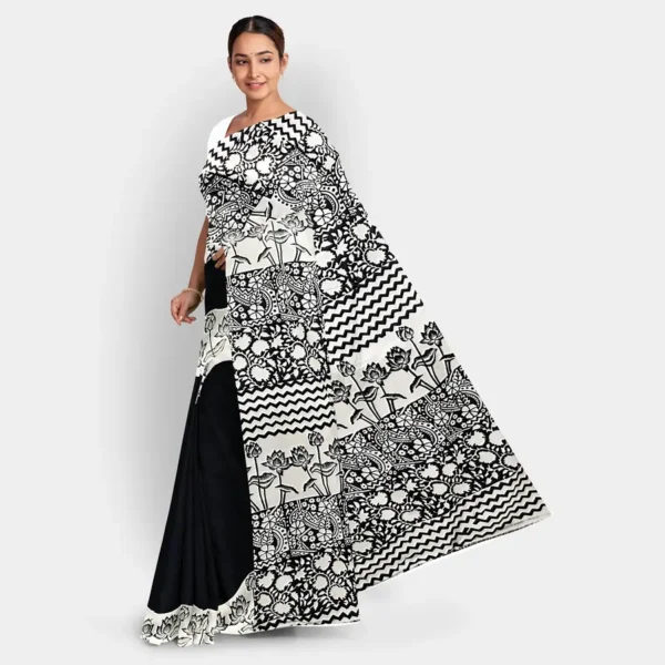 Black & White Floral Block Print Silk Saree - Image 3