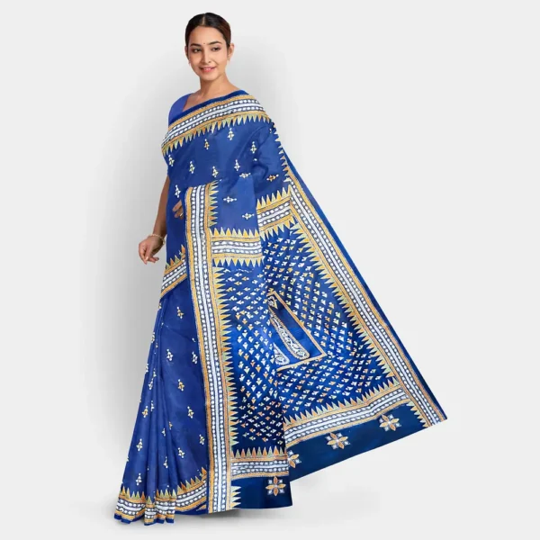 Solid Blue Gachi Tussar Kantha Work Saree - Image 3
