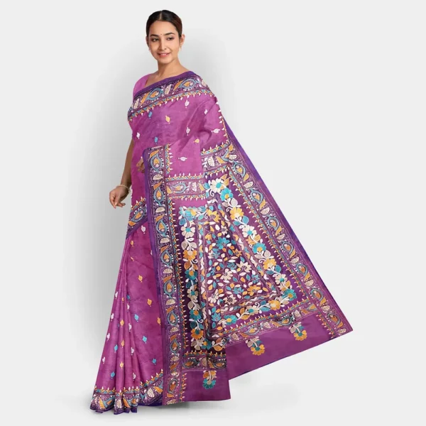 Purple & Blue Shade Silk Kantha Work Saree - Image 3