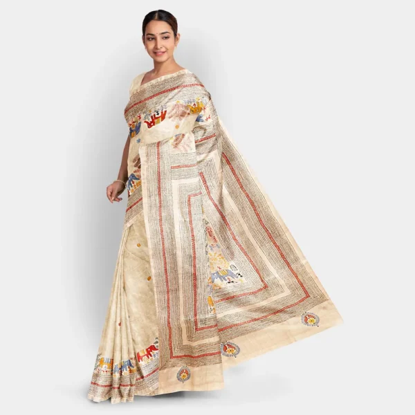 Natural Colour Gachi Tussar Kantha Work Saree - Image 3