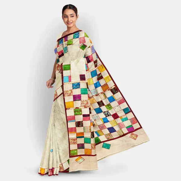 Natural Colour Gachi Tussar Patch Kantha Work Saree - Image 3