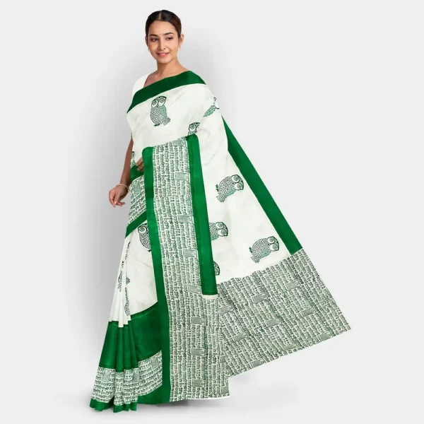 White With Green Figure & Scripted Motif Silk Printed Saree - Image 3