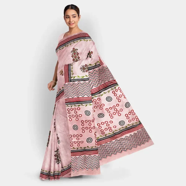 Floral Printed Pink Gachi Tussar Saree - Image 3