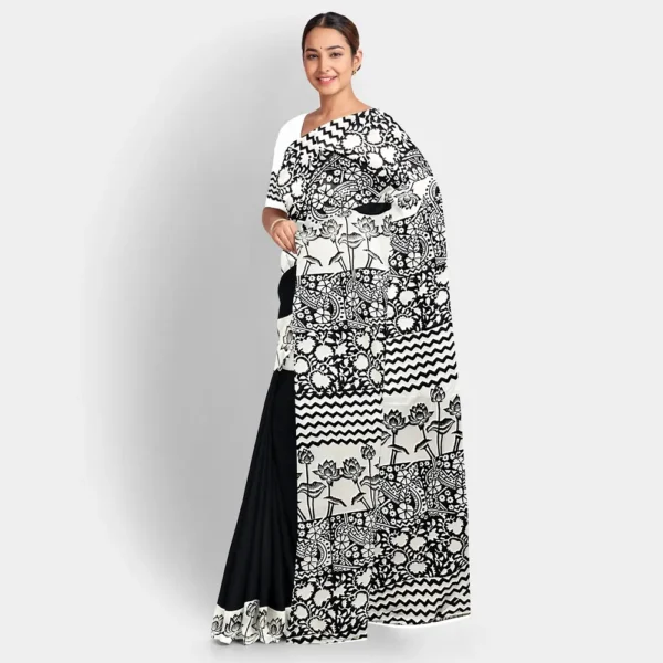 Black & White Floral Block Print Silk Saree - Image 2