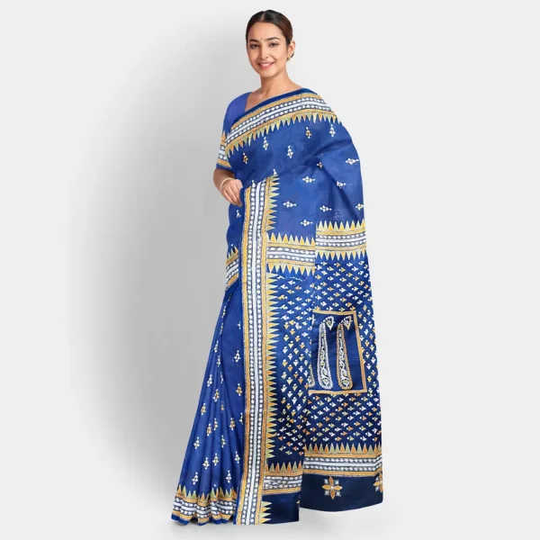 Solid Blue Gachi Tussar Kantha Work Saree - Image 2