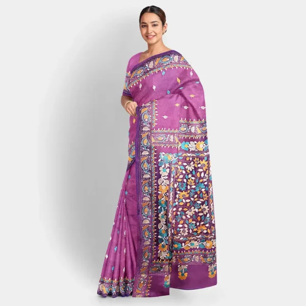 Purple & Blue Shade Silk Kantha Work Saree - Image 2