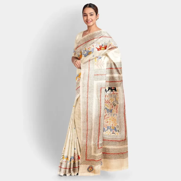 Natural Colour Gachi Tussar Kantha Work Saree - Image 2