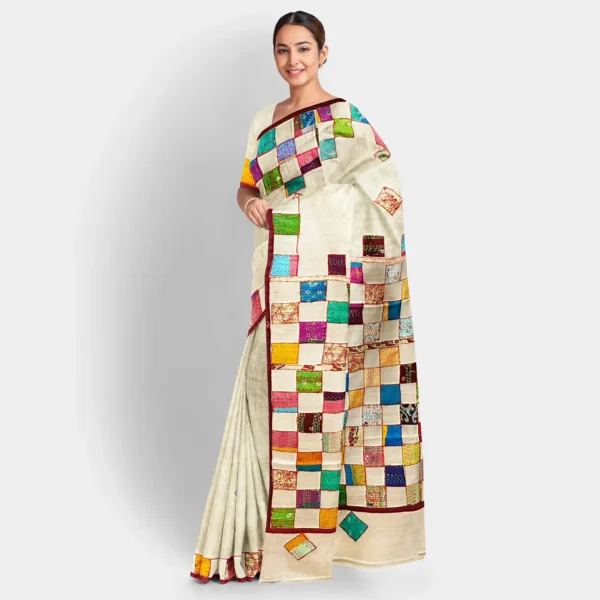 Natural Colour Gachi Tussar Patch Kantha Work Saree - Image 2