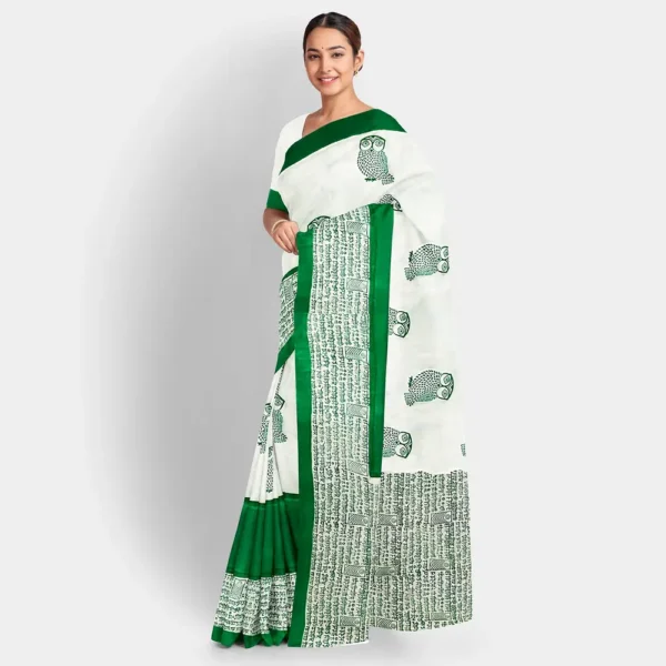 White With Green Figure & Scripted Motif Silk Printed Saree - Image 2
