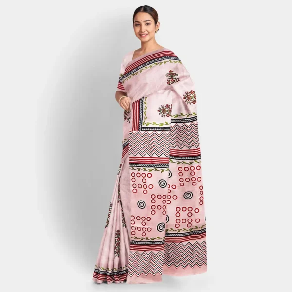 Floral Printed Pink Gachi Tussar Saree - Image 2
